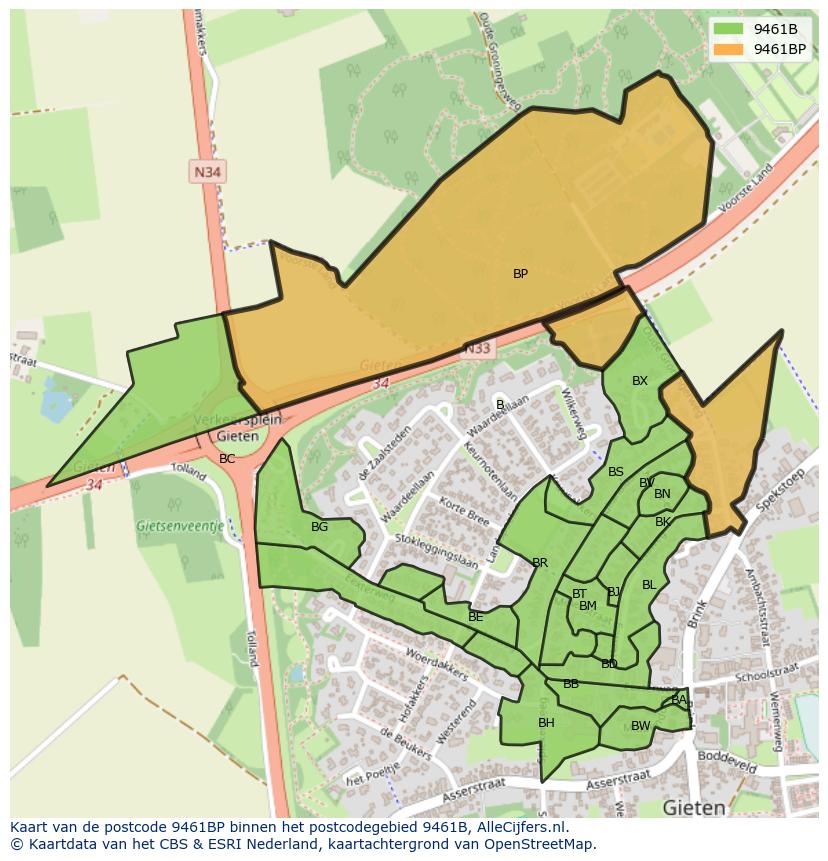 Afbeelding van het postcodegebied 9461 BP op de kaart.