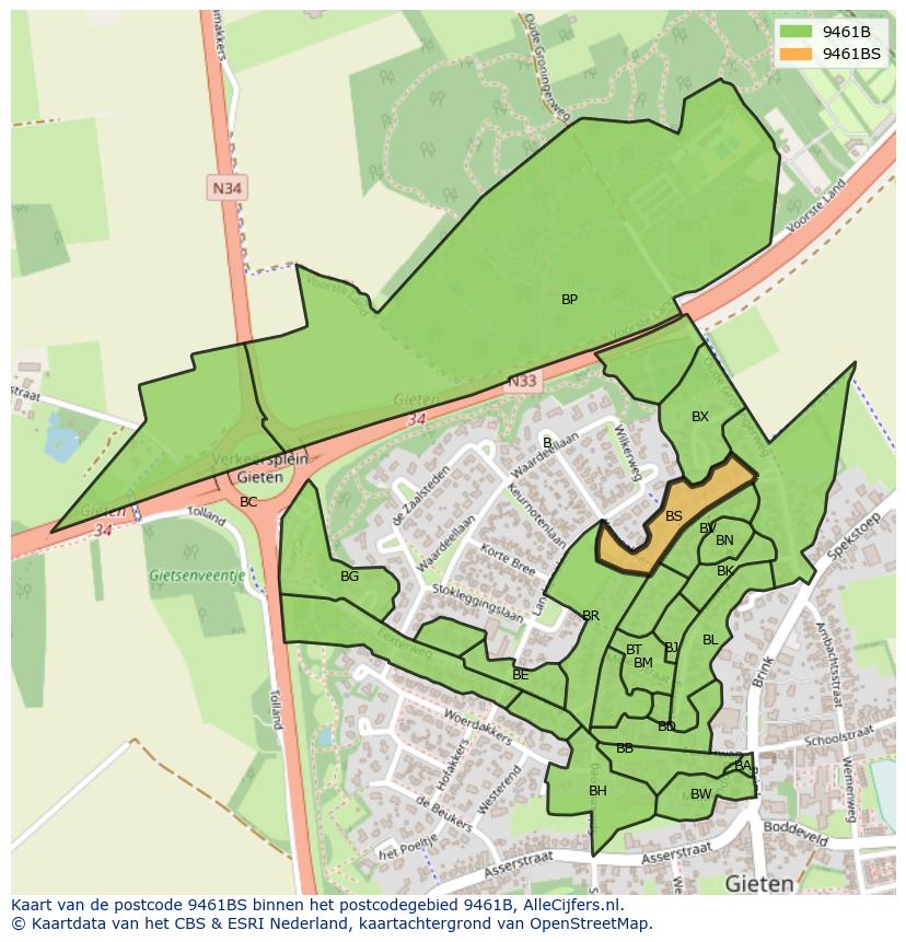Afbeelding van het postcodegebied 9461 BS op de kaart.