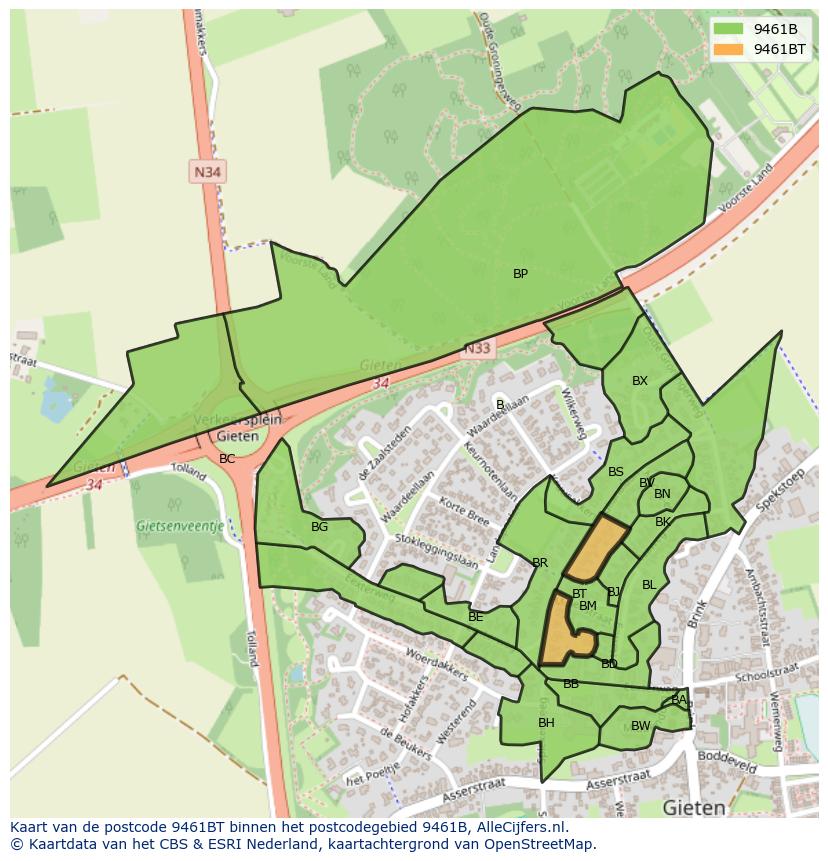 Afbeelding van het postcodegebied 9461 BT op de kaart.