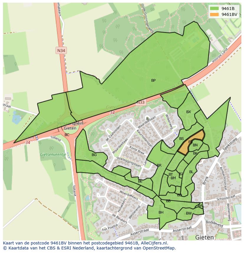 Afbeelding van het postcodegebied 9461 BV op de kaart.
