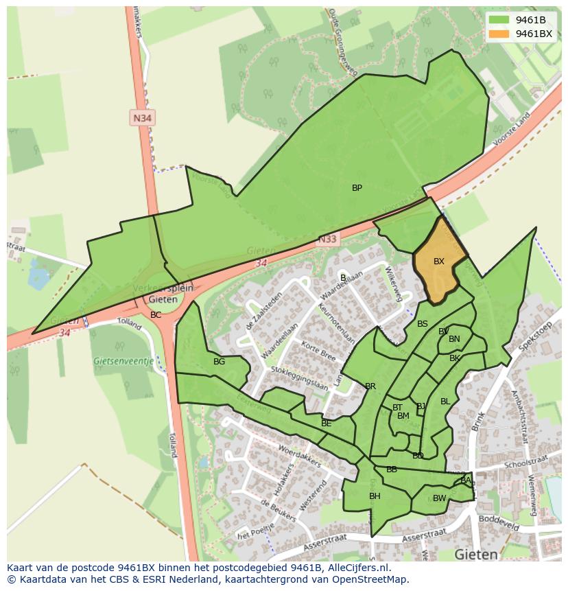 Afbeelding van het postcodegebied 9461 BX op de kaart.