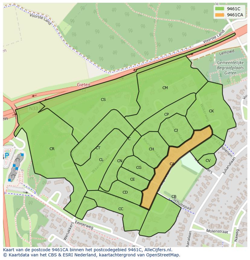 Afbeelding van het postcodegebied 9461 CA op de kaart.