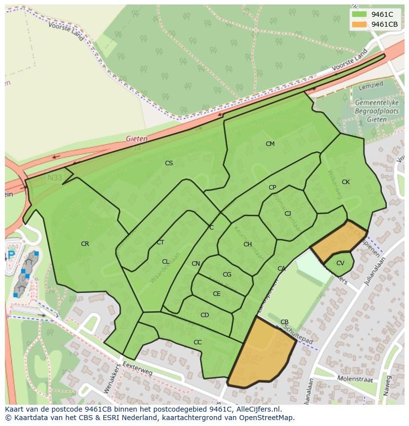 Afbeelding van het postcodegebied 9461 CB op de kaart.