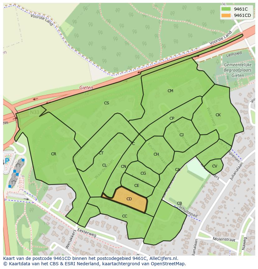 Afbeelding van het postcodegebied 9461 CD op de kaart.
