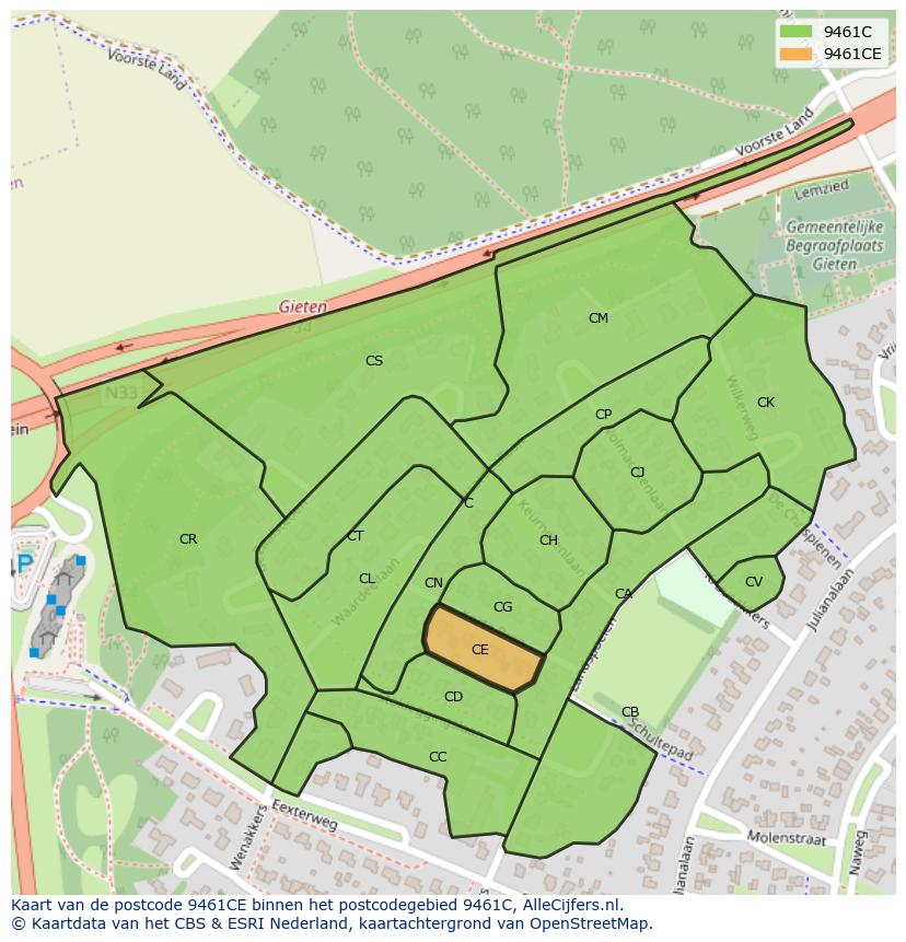 Afbeelding van het postcodegebied 9461 CE op de kaart.