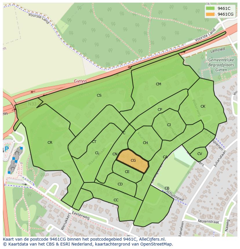 Afbeelding van het postcodegebied 9461 CG op de kaart.