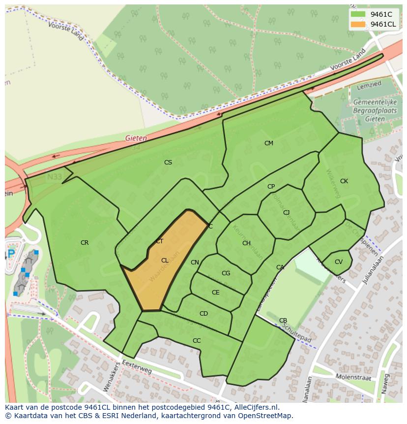 Afbeelding van het postcodegebied 9461 CL op de kaart.