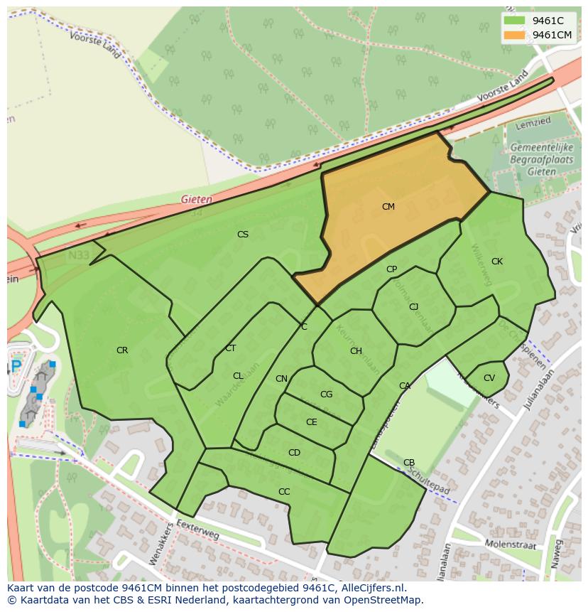 Afbeelding van het postcodegebied 9461 CM op de kaart.