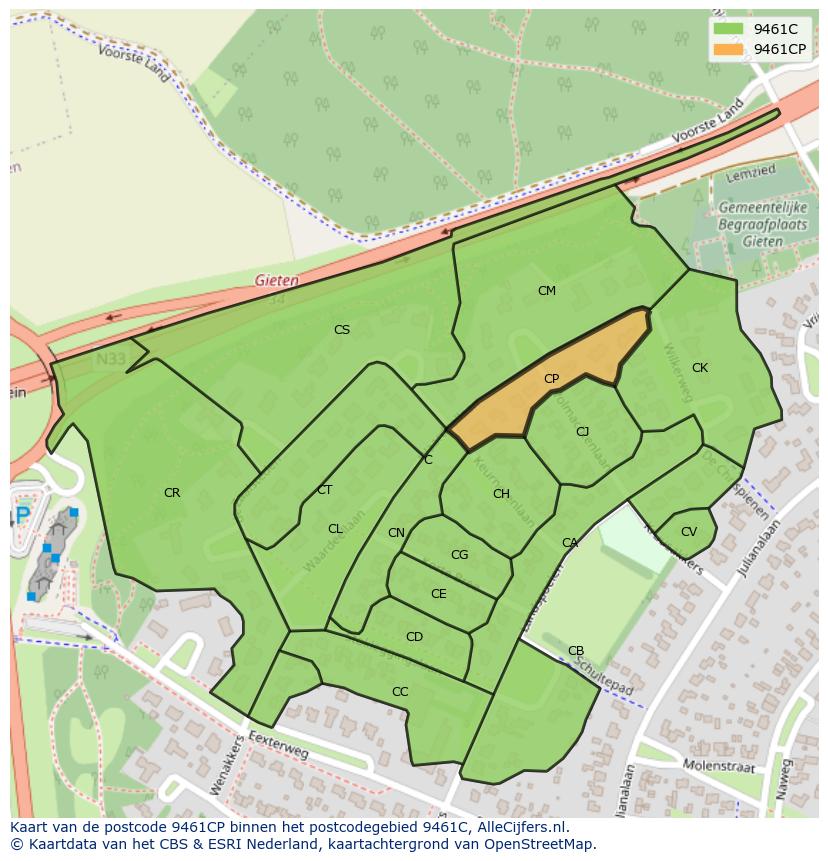 Afbeelding van het postcodegebied 9461 CP op de kaart.