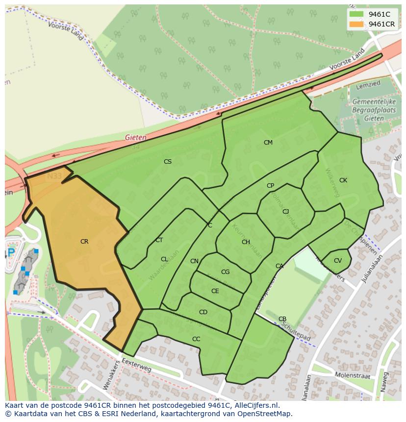 Afbeelding van het postcodegebied 9461 CR op de kaart.