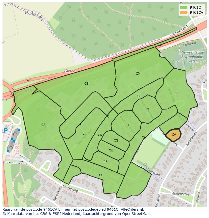 Afbeelding van het postcodegebied 9461 CV op de kaart.