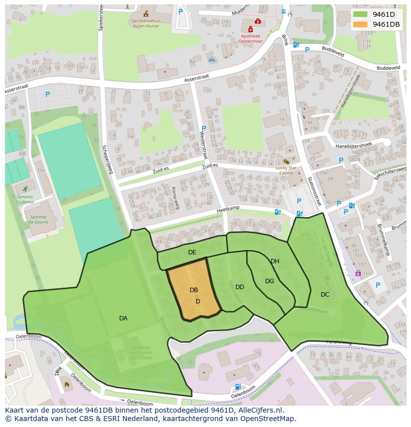 Afbeelding van het postcodegebied 9461 DB op de kaart.