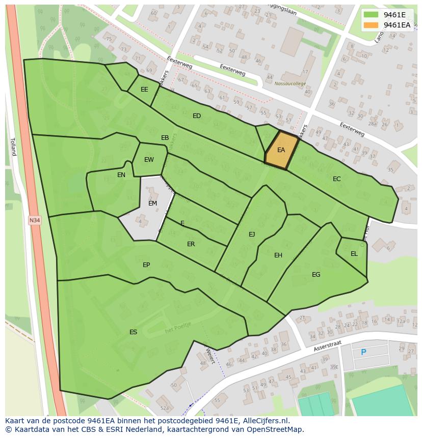 Afbeelding van het postcodegebied 9461 EA op de kaart.