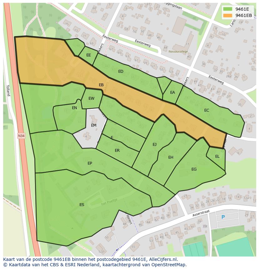 Afbeelding van het postcodegebied 9461 EB op de kaart.