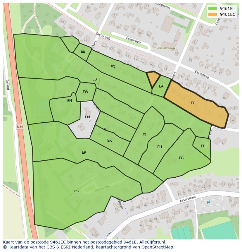 Afbeelding van het postcodegebied 9461 EC op de kaart.