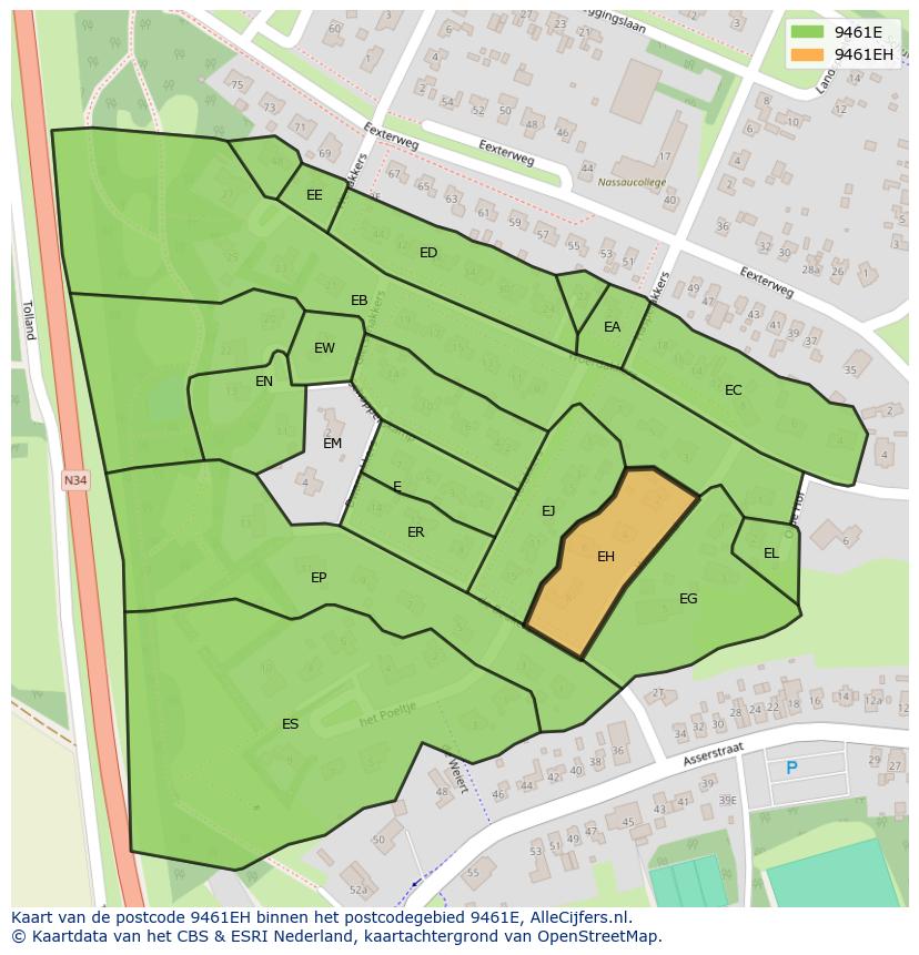 Afbeelding van het postcodegebied 9461 EH op de kaart.