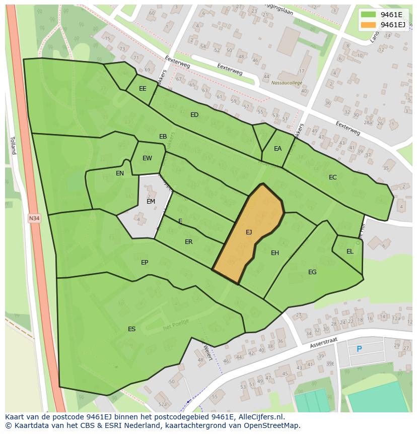 Afbeelding van het postcodegebied 9461 EJ op de kaart.