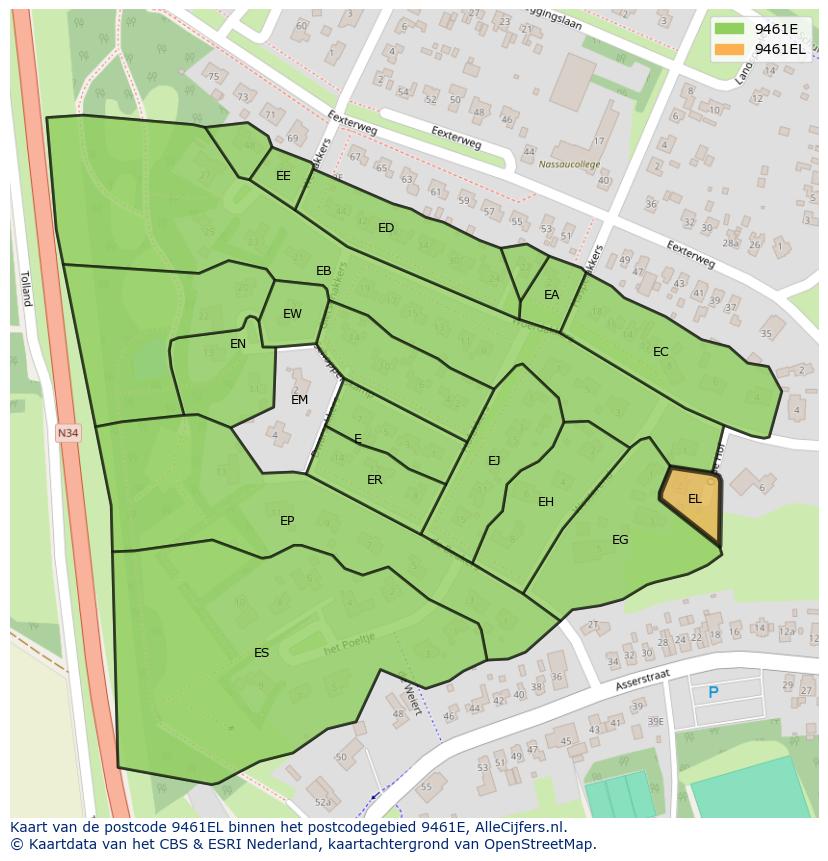 Afbeelding van het postcodegebied 9461 EL op de kaart.
