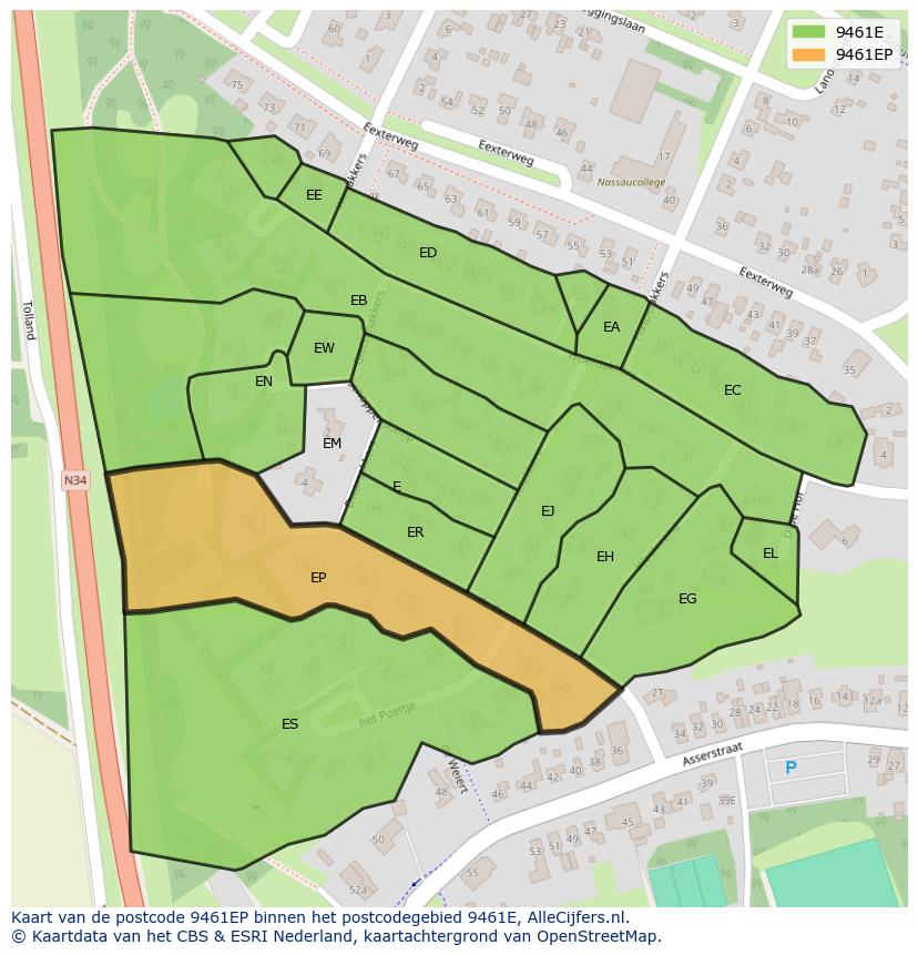 Afbeelding van het postcodegebied 9461 EP op de kaart.