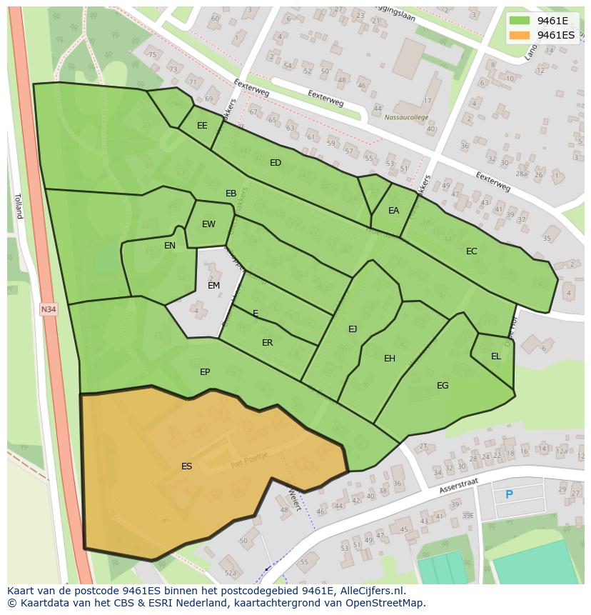 Afbeelding van het postcodegebied 9461 ES op de kaart.