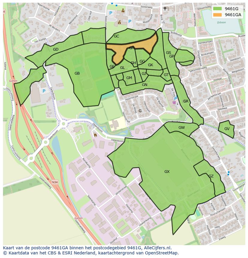 Afbeelding van het postcodegebied 9461 GA op de kaart.