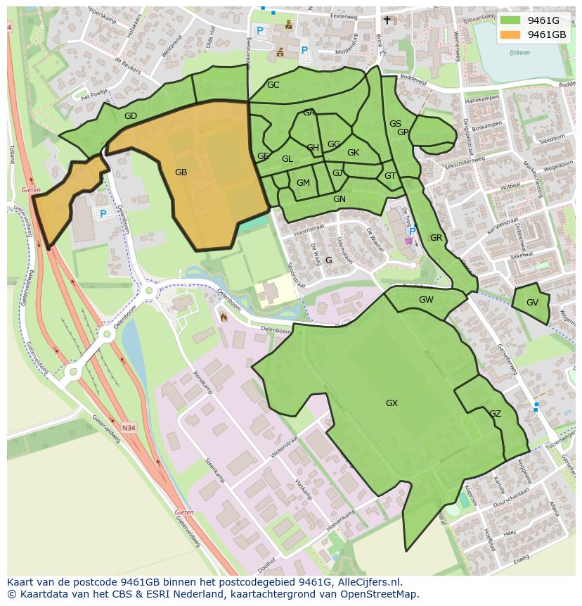 Afbeelding van het postcodegebied 9461 GB op de kaart.
