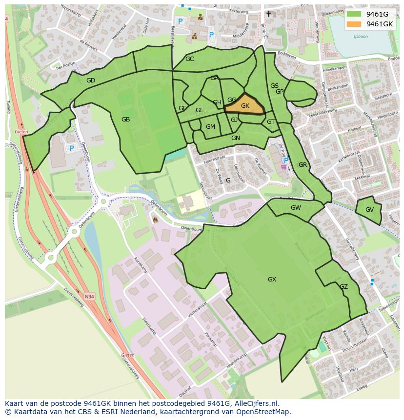Afbeelding van het postcodegebied 9461 GK op de kaart.