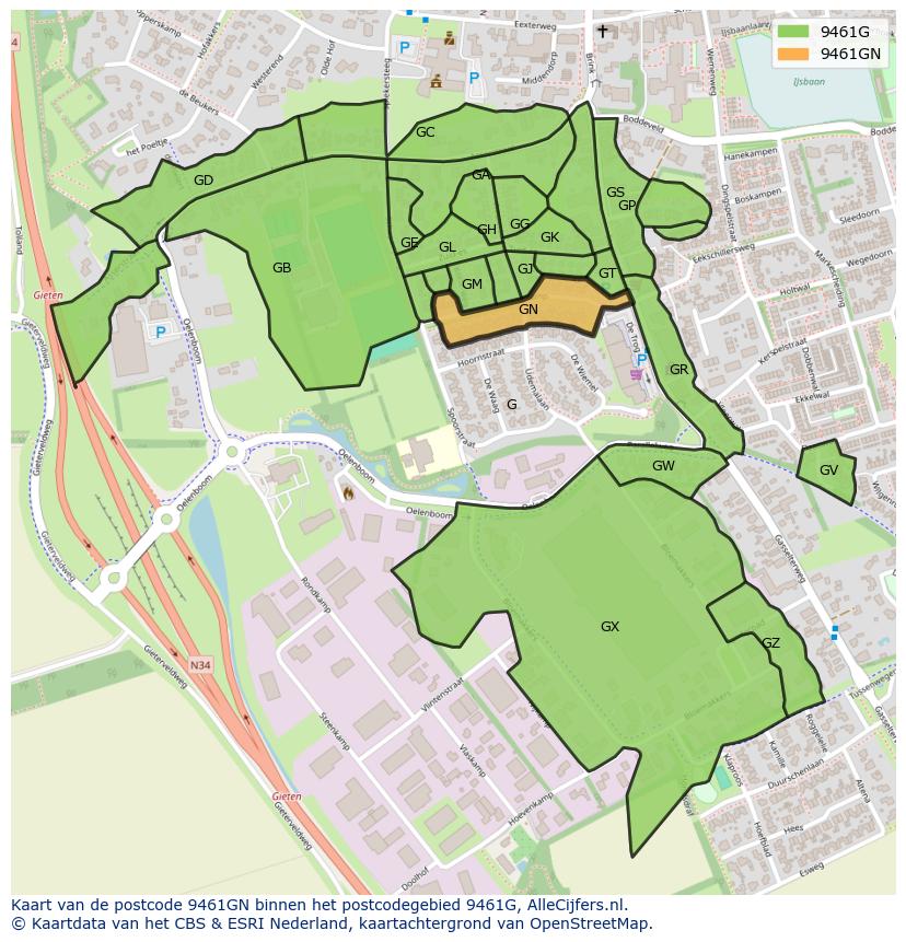 Afbeelding van het postcodegebied 9461 GN op de kaart.