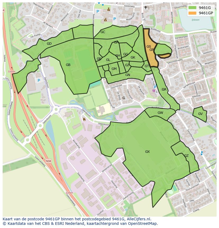 Afbeelding van het postcodegebied 9461 GP op de kaart.