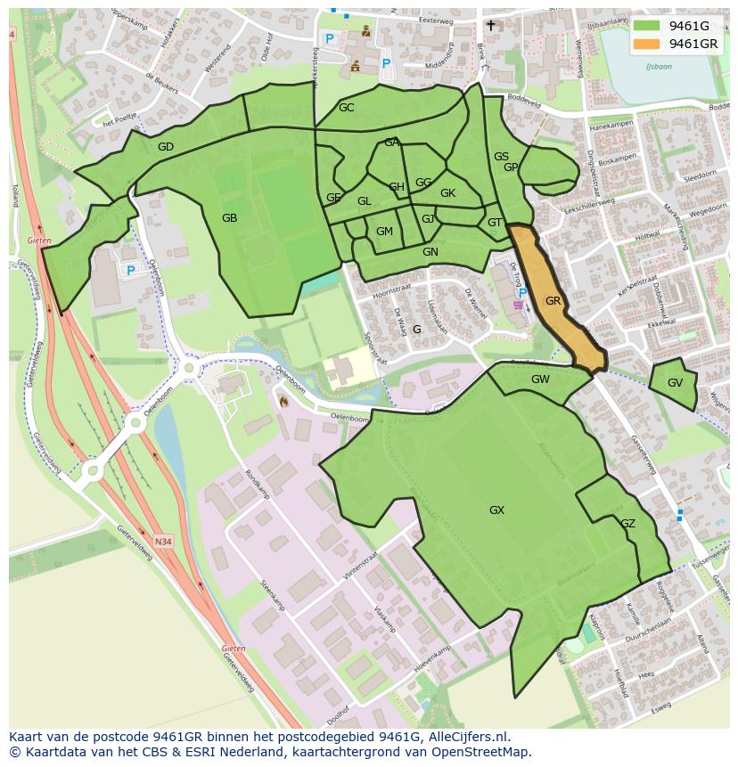 Afbeelding van het postcodegebied 9461 GR op de kaart.