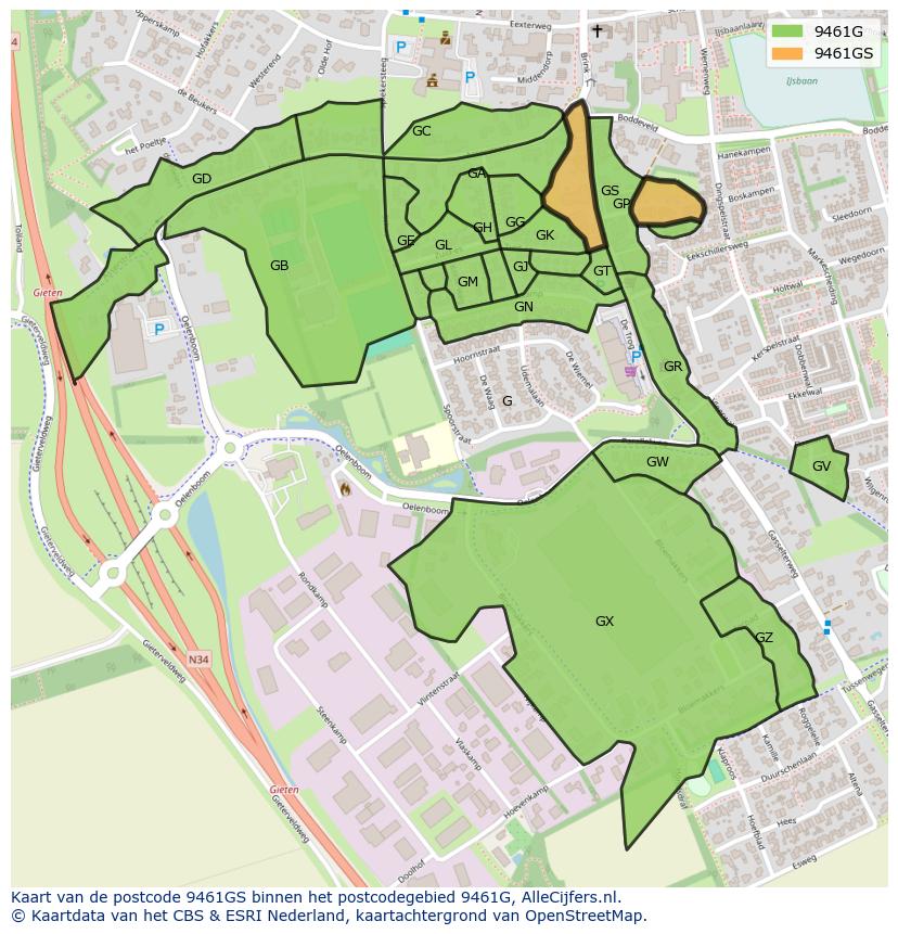 Afbeelding van het postcodegebied 9461 GS op de kaart.