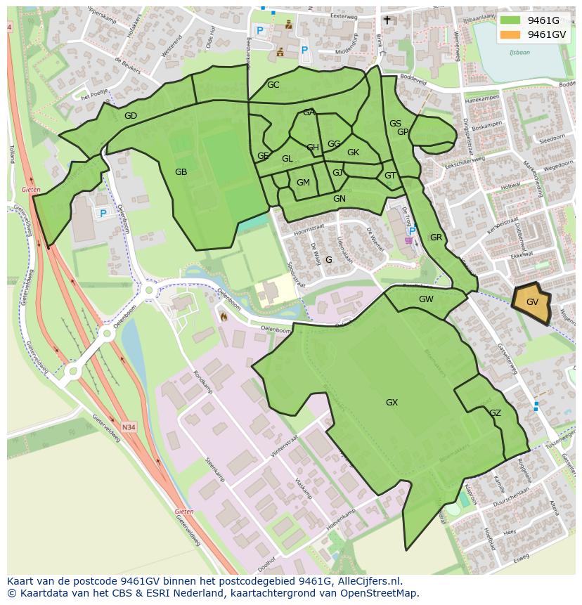 Afbeelding van het postcodegebied 9461 GV op de kaart.