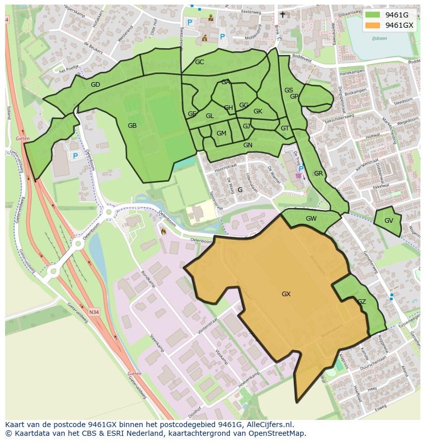 Afbeelding van het postcodegebied 9461 GX op de kaart.