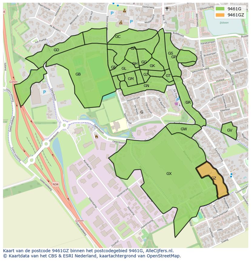 Afbeelding van het postcodegebied 9461 GZ op de kaart.