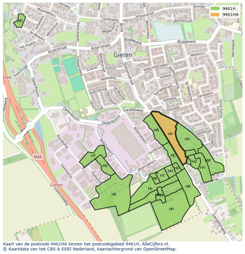 Afbeelding van het postcodegebied 9461 HA op de kaart.