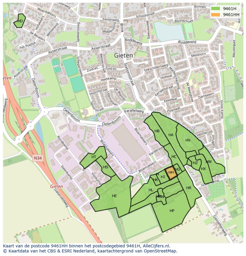Afbeelding van het postcodegebied 9461 HH op de kaart.
