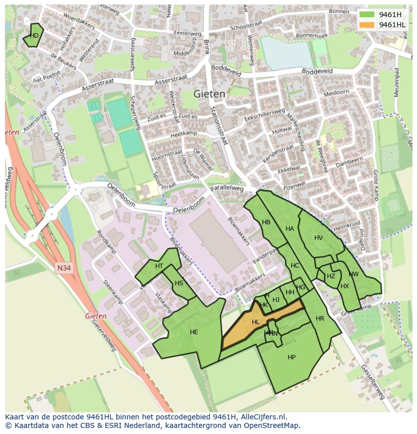 Afbeelding van het postcodegebied 9461 HL op de kaart.