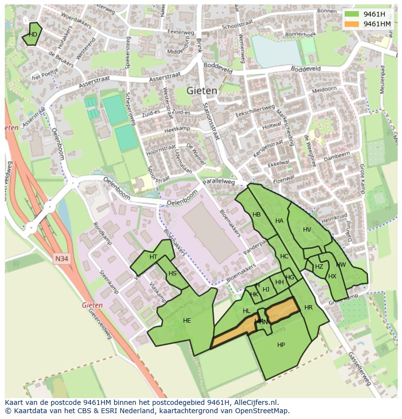 Afbeelding van het postcodegebied 9461 HM op de kaart.