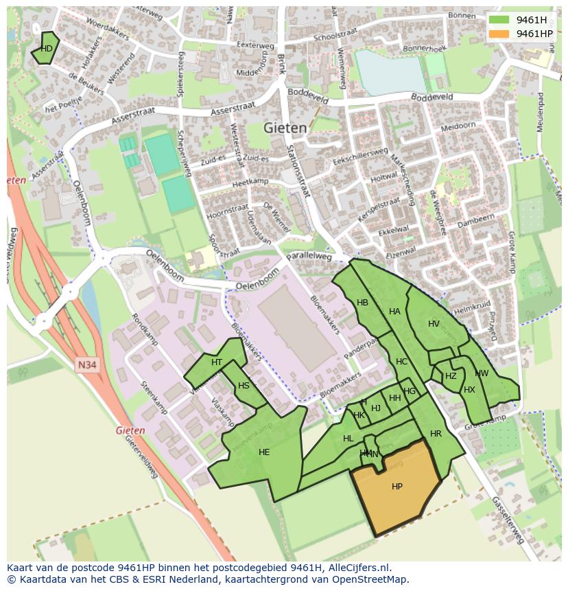 Afbeelding van het postcodegebied 9461 HP op de kaart.
