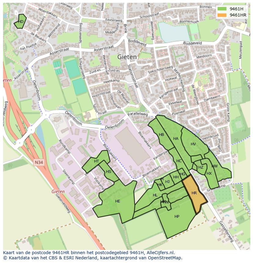 Afbeelding van het postcodegebied 9461 HR op de kaart.