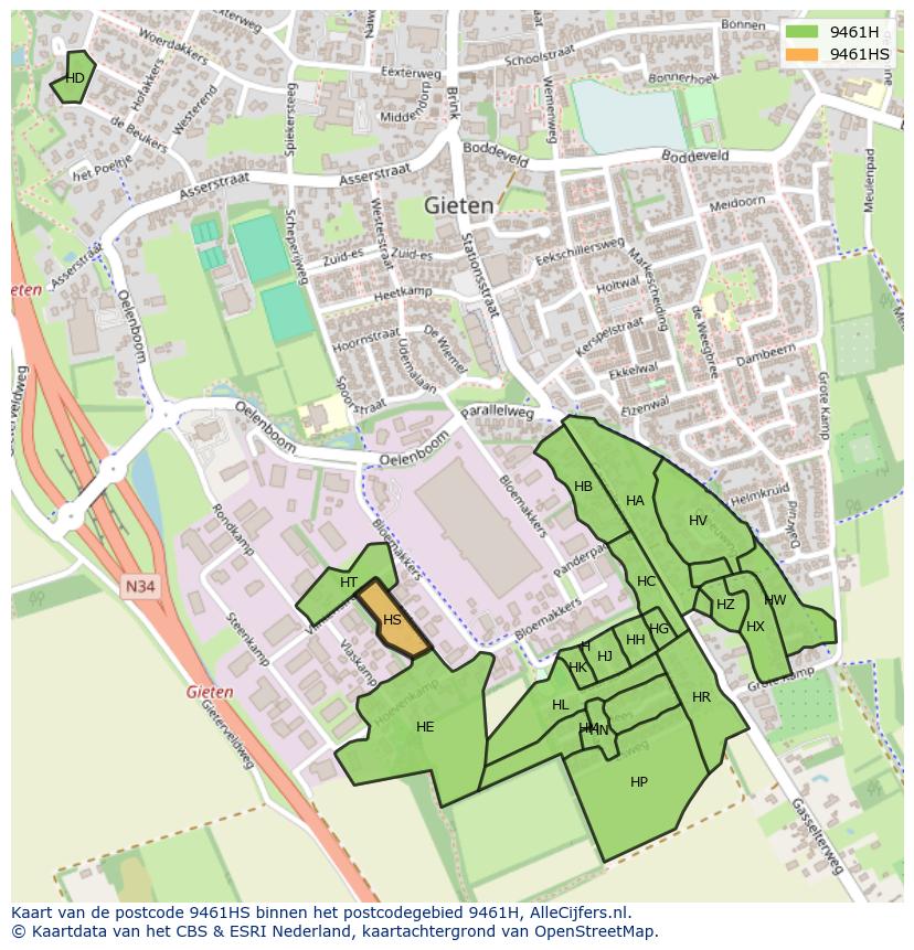 Afbeelding van het postcodegebied 9461 HS op de kaart.