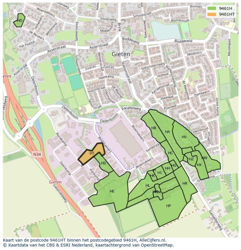 Afbeelding van het postcodegebied 9461 HT op de kaart.