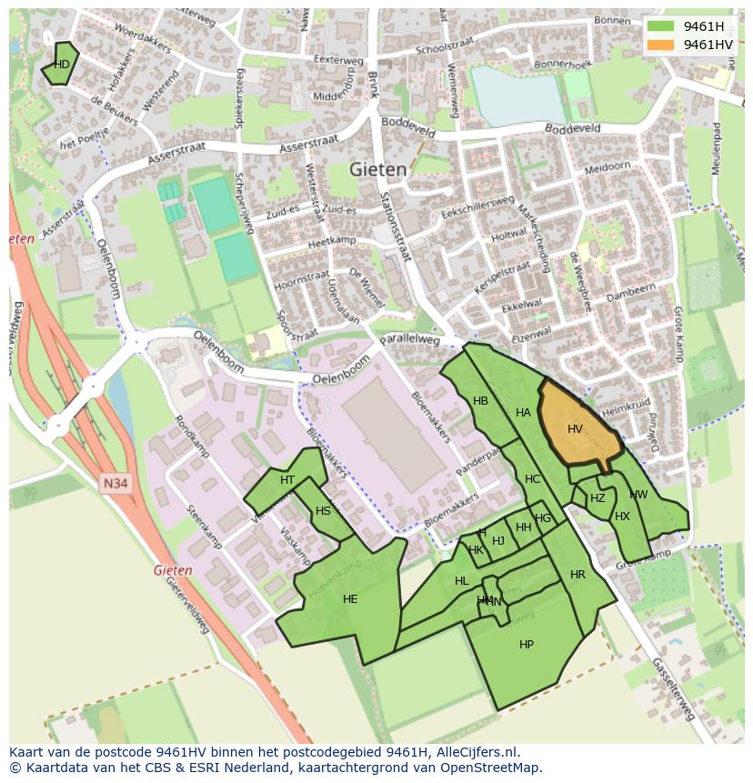 Afbeelding van het postcodegebied 9461 HV op de kaart.