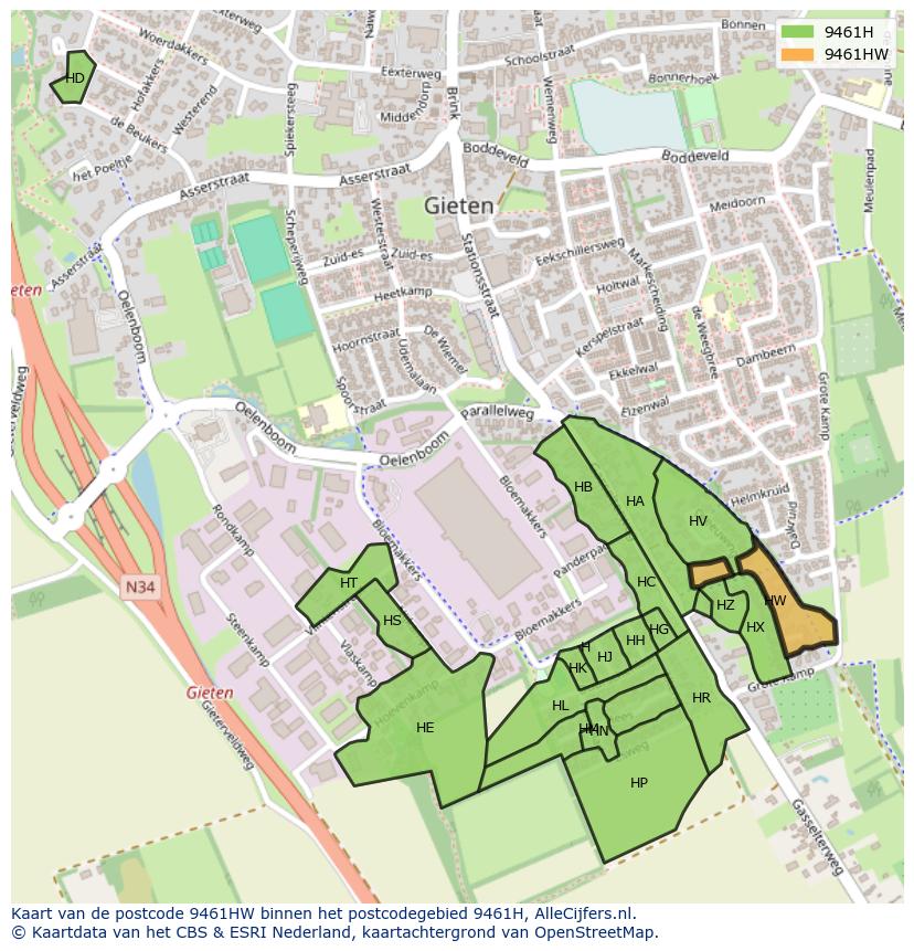 Afbeelding van het postcodegebied 9461 HW op de kaart.