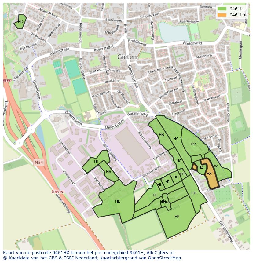 Afbeelding van het postcodegebied 9461 HX op de kaart.