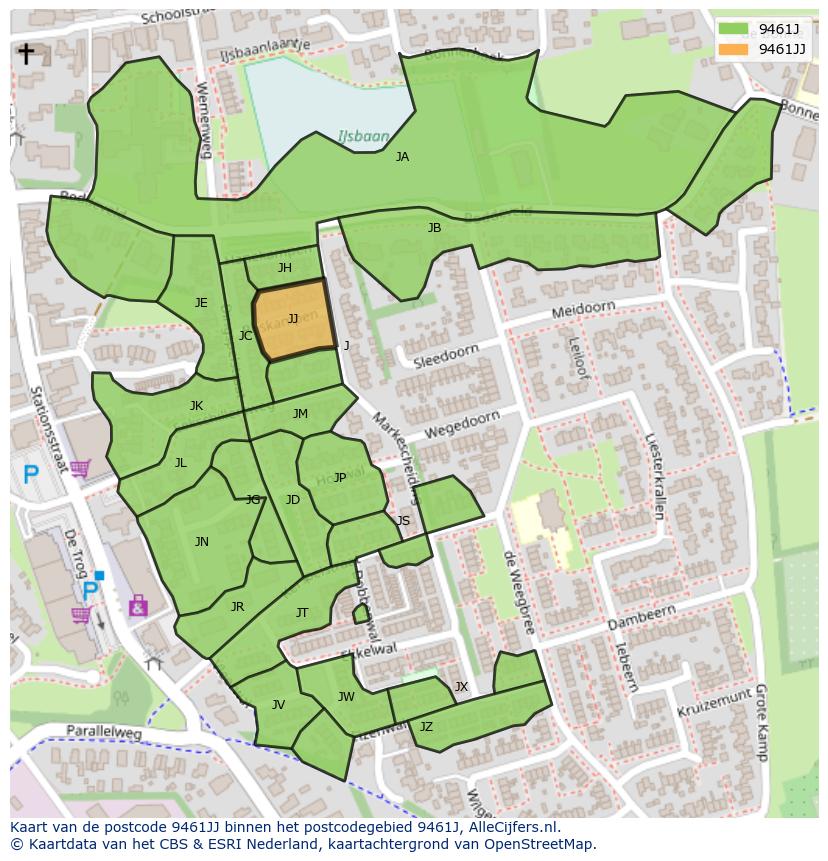 Afbeelding van het postcodegebied 9461 JJ op de kaart.
