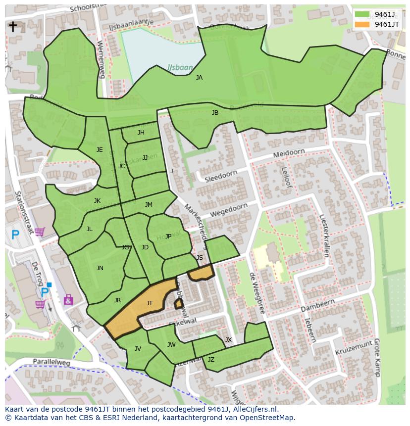 Afbeelding van het postcodegebied 9461 JT op de kaart.