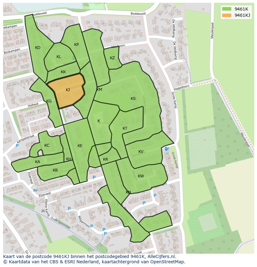 Afbeelding van het postcodegebied 9461 KJ op de kaart.