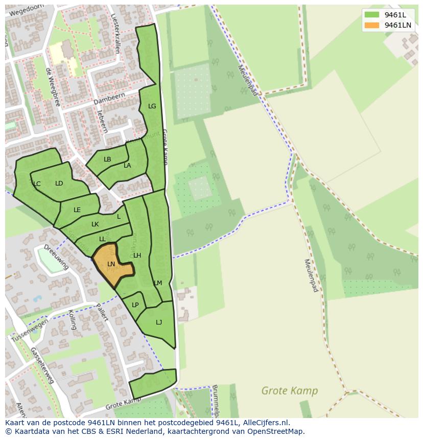 Afbeelding van het postcodegebied 9461 LN op de kaart.