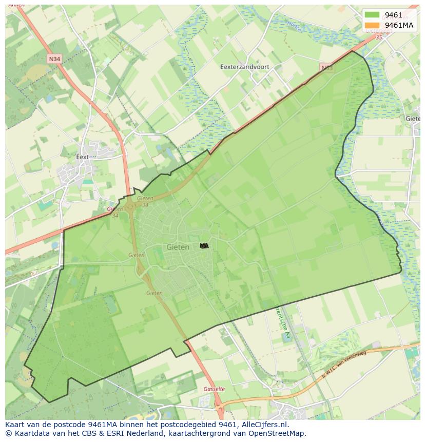Afbeelding van het postcodegebied 9461 MA op de kaart.